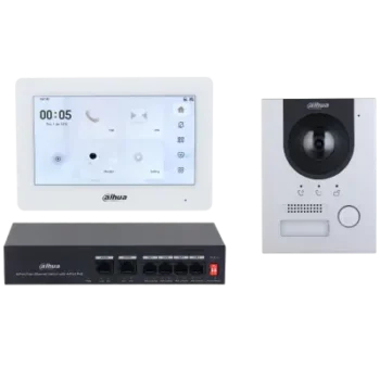 Kit de Vídeo Porteiro IP Dahua DHI-VTO2201F-P + DHI-VTH5421HW + PFS3006-4ET-36 + VTM115