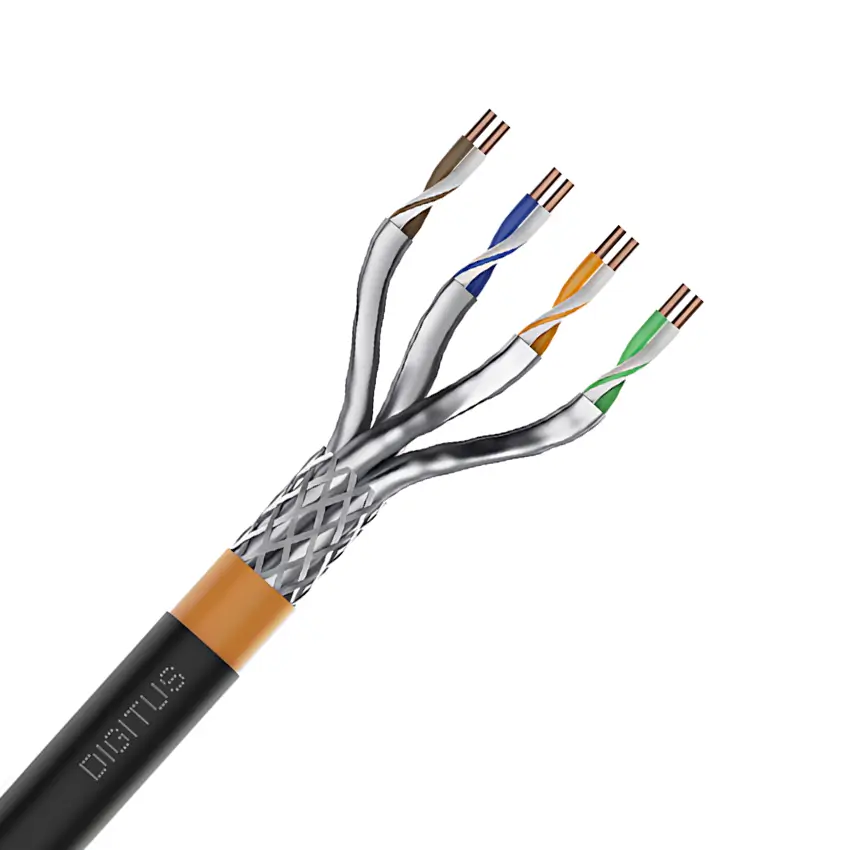 ev Cabo S/FTP Cat7 Cobre PVC PE Exterior CPR Fca Cabo blindado, com malha, unifilar 100% Cobre (Cu) OFC 23AWG Tipologia Shielded w/ Foiled Twisted Pairs (S/FTP) Duplo revestimento PVC PE, com protecção UV Aplicação em ambientes de exterior Temperatura operação -20º a 75º Revestimento cor Preto Classificação CPR Fca Bobine 1.000 metros Digitus Cabo S/FTP CAT7 4P Cu PE Fca Armado Exterior Preto 1000 Mts.